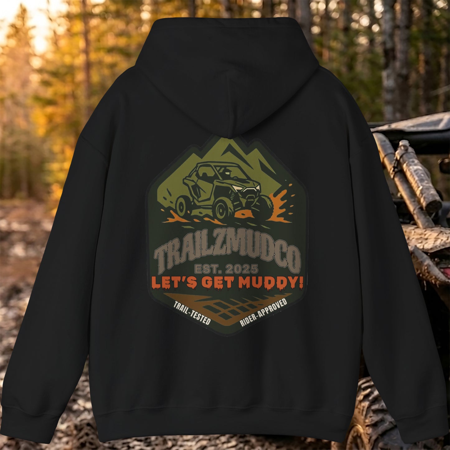 TrailzMudCo Logo Hoodie – SXS & UTV Rider Gift – Off Road Trail Life Sweatshirt – Unisex Heavyweight Pullover