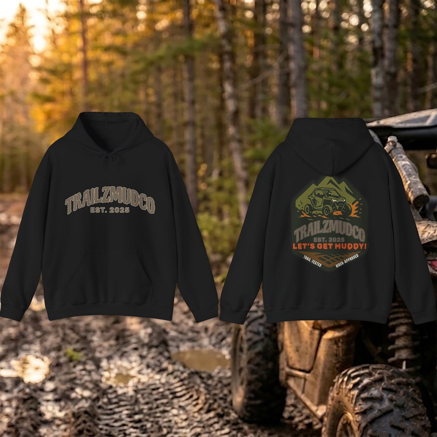 TrailzMudCo Logo Hoodie – SXS & UTV Rider Gift – Off Road Trail Life Sweatshirt – Unisex Heavyweight Pullover