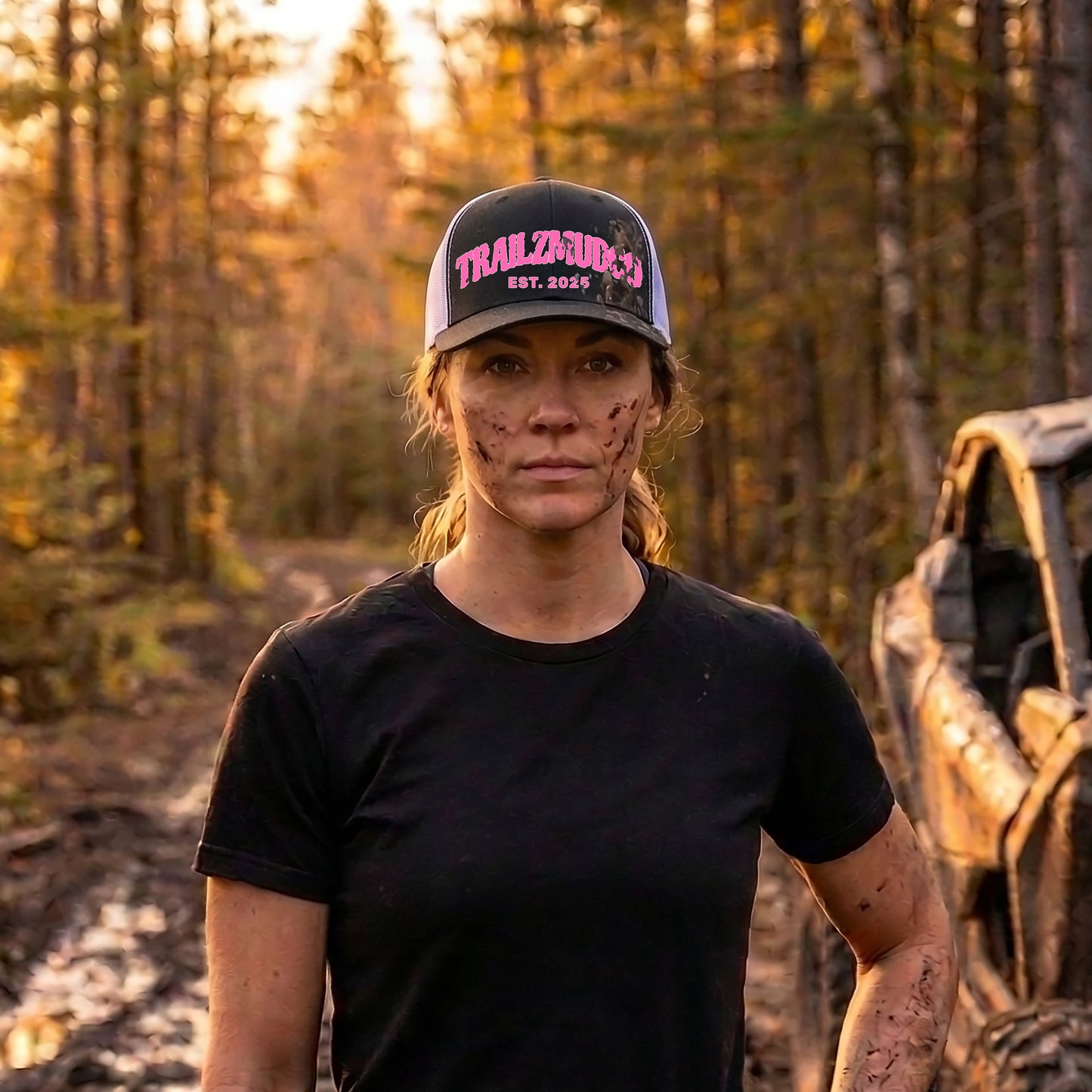 Pink Logo TrailzMudCo Trucker Hat – Women's SXS & UTV Rider Gift – Off Road Snapback Cap – Women's Trail Riding Hat