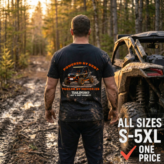 Powered By Debt Fueled By Memories T-Shirt – SXS & UTV Rider Gift – Off Road Trail Life Tee – Unisex Heavyweight Cotton Shirt